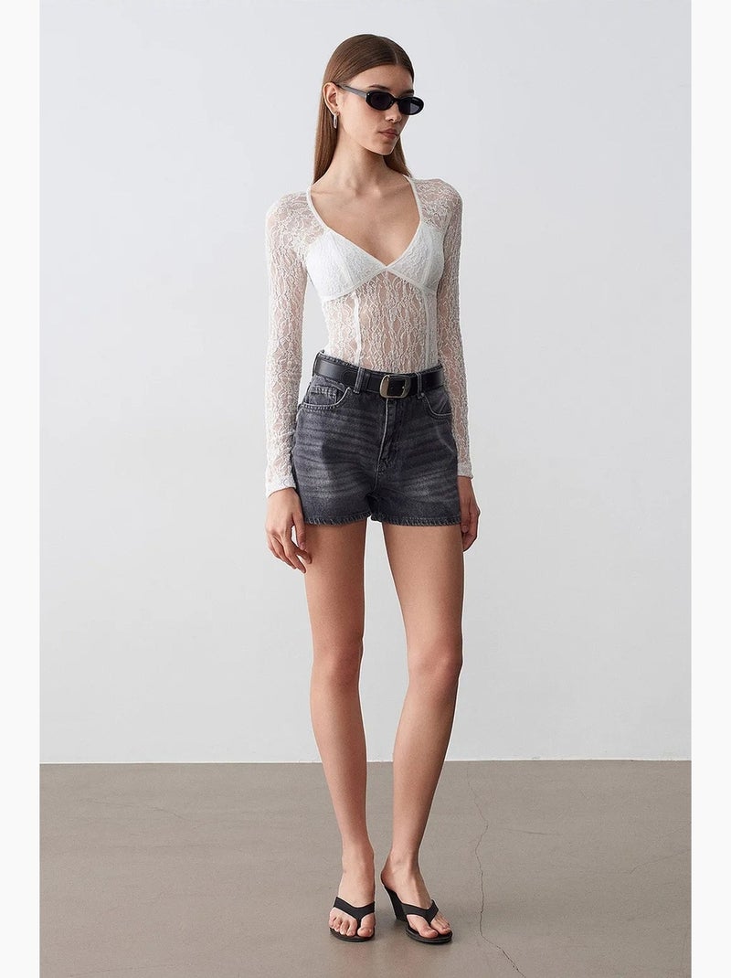 Maglia manica lunga scollo v pizzo dilvin Bianco - Kiabi