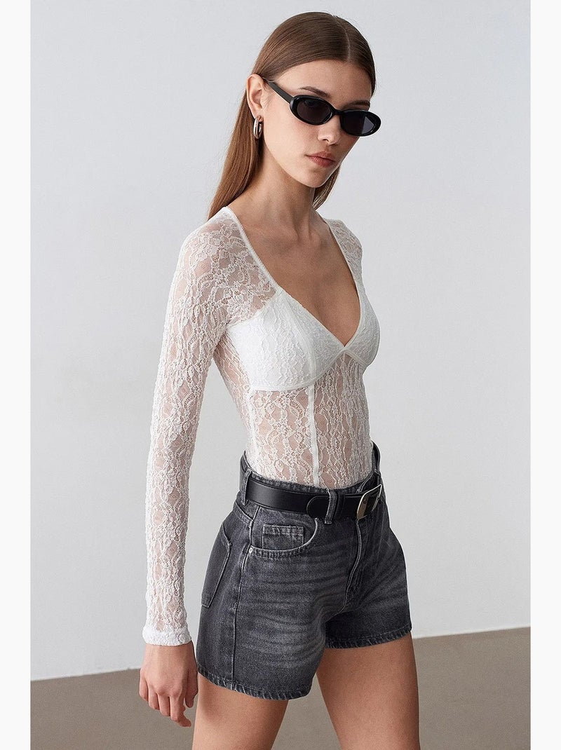 Maglia manica lunga scollo v pizzo dilvin Bianco - Kiabi