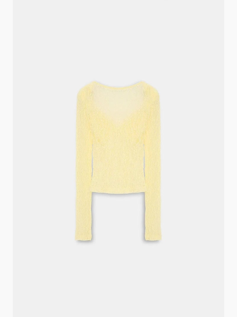 Maglia manica lunga scollo v pizzo dilvin Crema - Kiabi