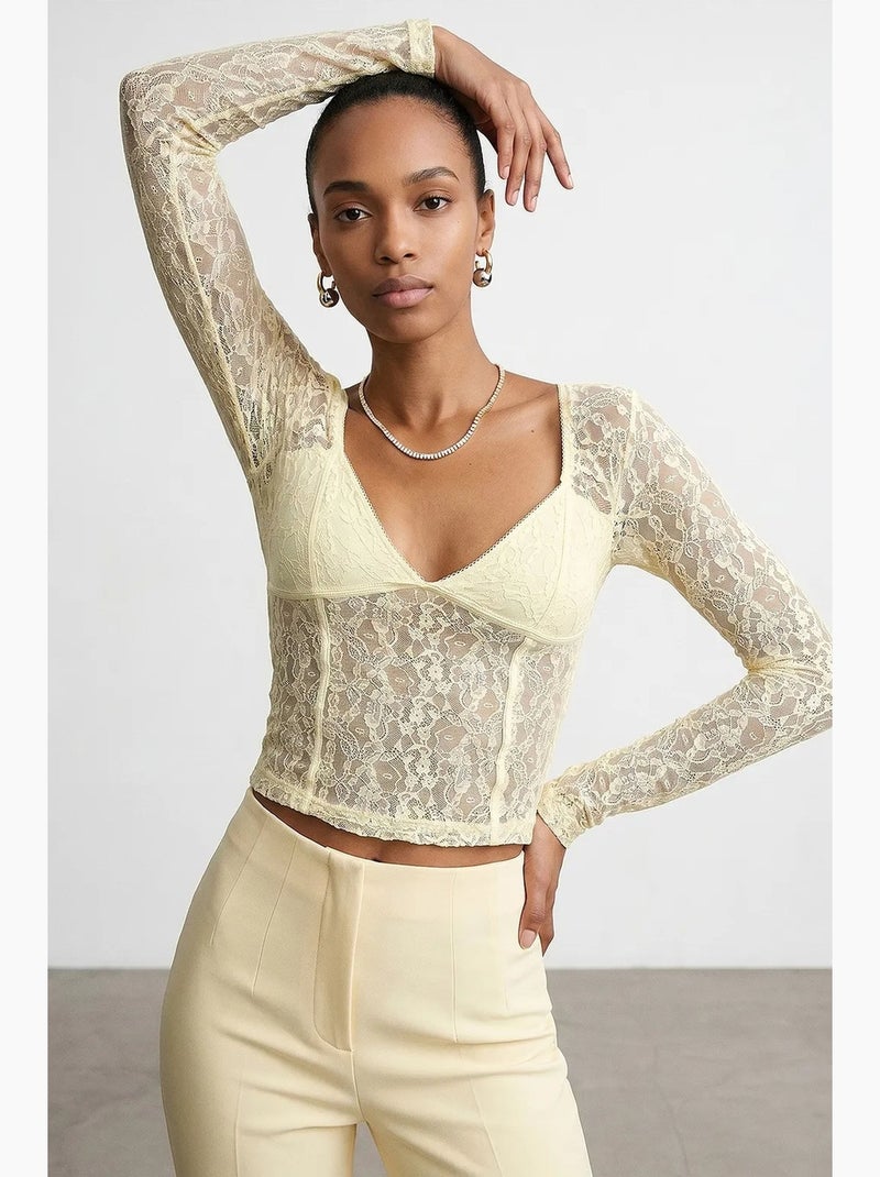 Maglia manica lunga scollo v pizzo dilvin Crema - Kiabi