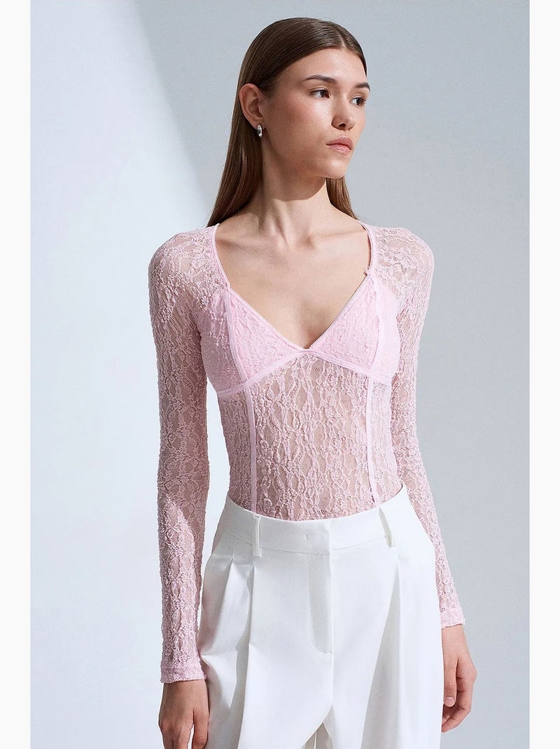 Maglia manica lunga scollo v pizzo dilvin Rosa chiaro - Kiabi