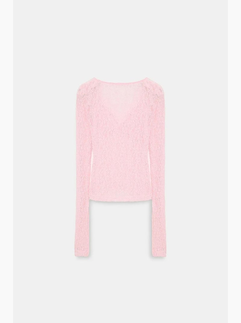 Maglia manica lunga scollo v pizzo dilvin Rosa chiaro - Kiabi
