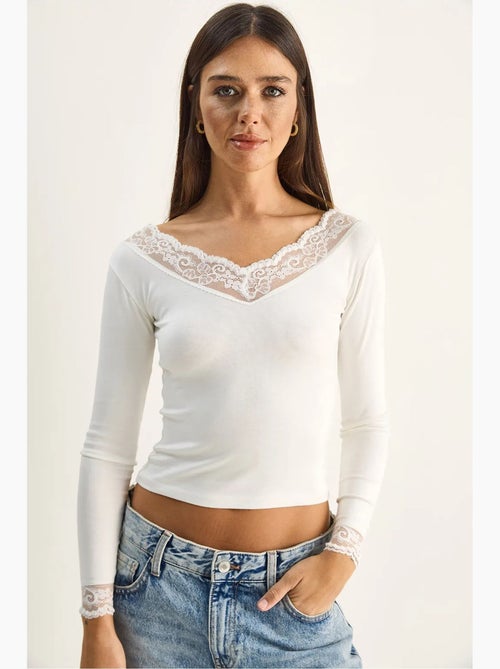 Maglia manica lunga scollo v pizzo lucci - Kiabi