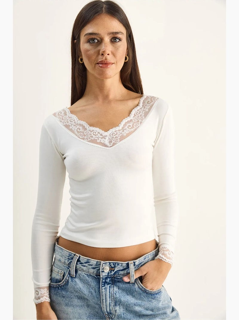Maglia manica lunga scollo v pizzo lucci Bianco - Kiabi