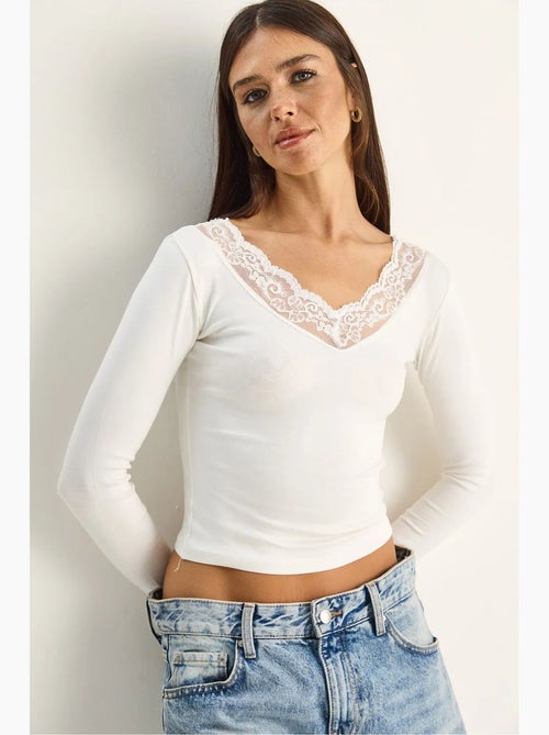 Maglia manica lunga scollo v pizzo lucci - Kiabi