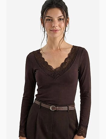 Maglia manica lunga scollo v pizzo lucci