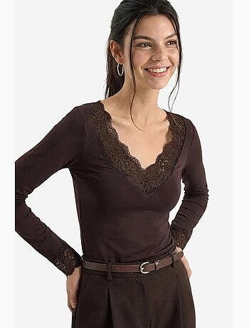 Maglia manica lunga scollo v pizzo lucci