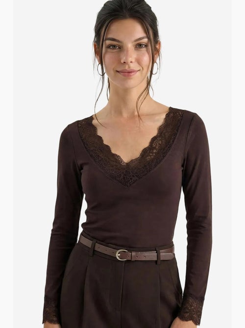 Maglia manica lunga scollo v pizzo lucci - Kiabi