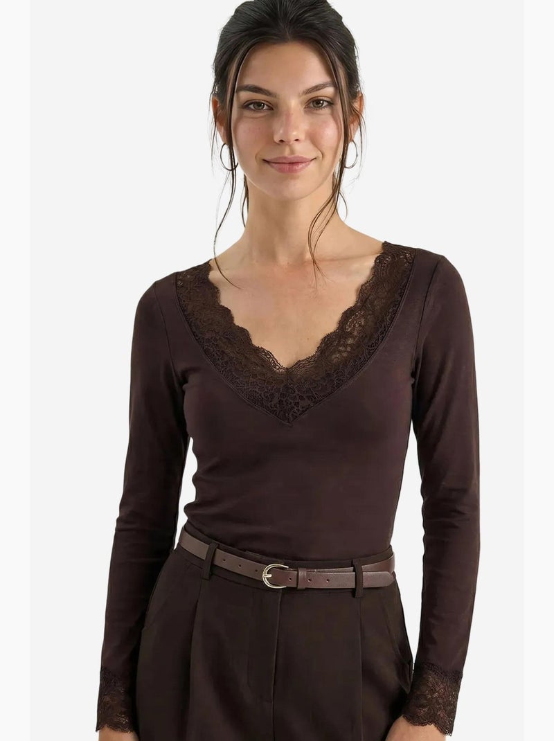 Maglia manica lunga scollo v pizzo lucci Marrone cioccolato - Kiabi