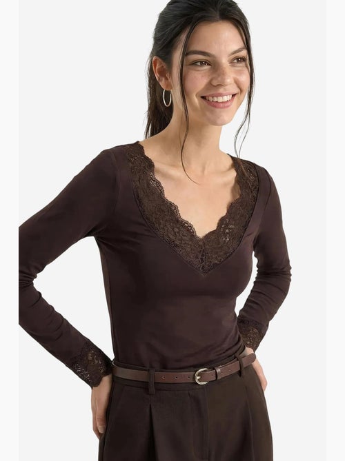 Maglia manica lunga scollo v pizzo lucci - Kiabi