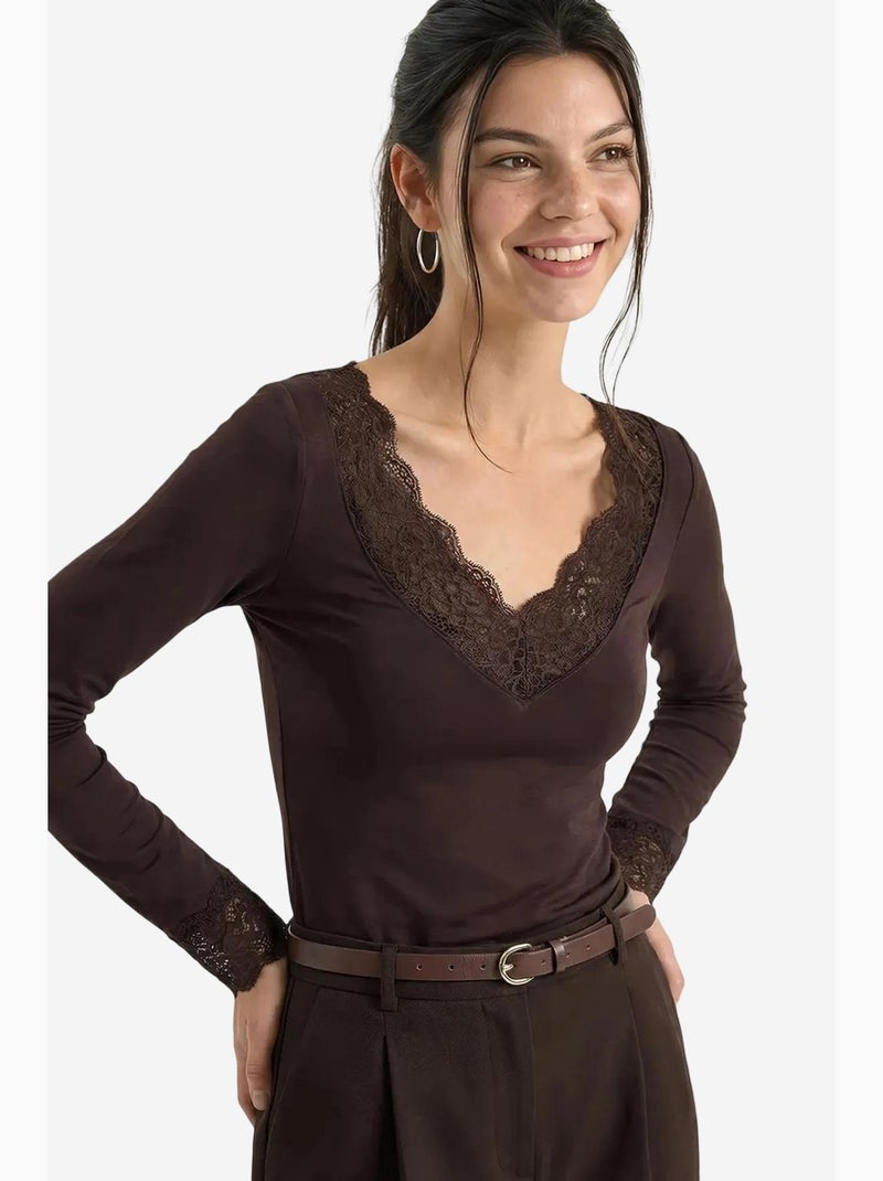 Maglia manica lunga scollo v pizzo lucci Marrone cioccolato - Kiabi