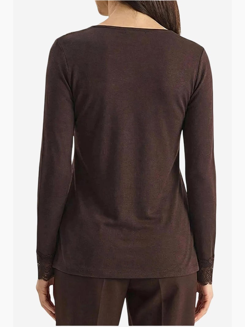 Maglia manica lunga scollo v pizzo lucci Marrone cioccolato - Kiabi