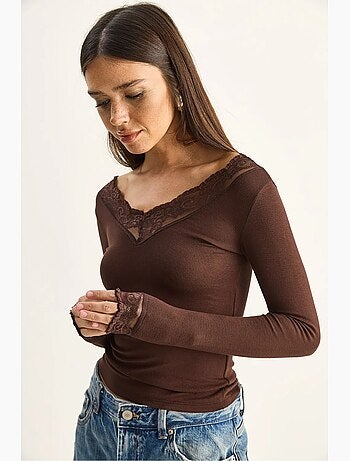 Maglia manica lunga scollo v pizzo lucci