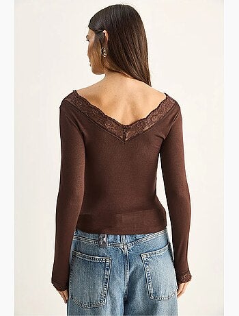 Maglia manica lunga scollo v pizzo lucci