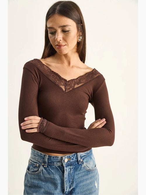Maglia manica lunga scollo v pizzo lucci - Kiabi Maglia manica lunga scollo v pizzo lucci - Kiabi
