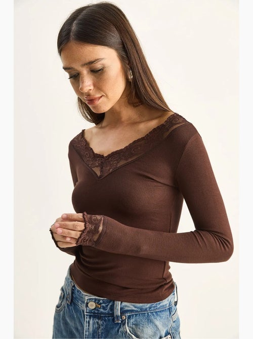 Maglia manica lunga scollo v pizzo lucci - Kiabi Maglia manica lunga scollo v pizzo lucci - Kiabi