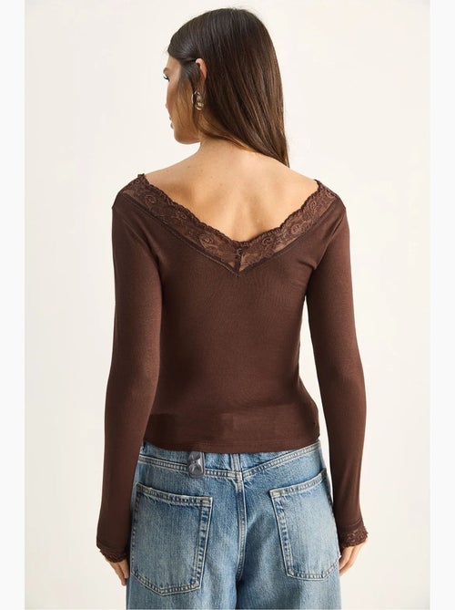 Maglia manica lunga scollo v pizzo lucci - Kiabi Maglia manica lunga scollo v pizzo lucci - Kiabi