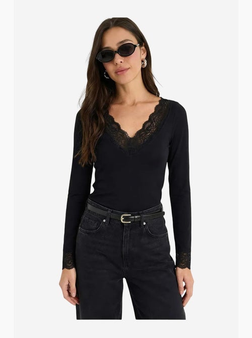 Maglia manica lunga scollo v pizzo lucci - Kiabi