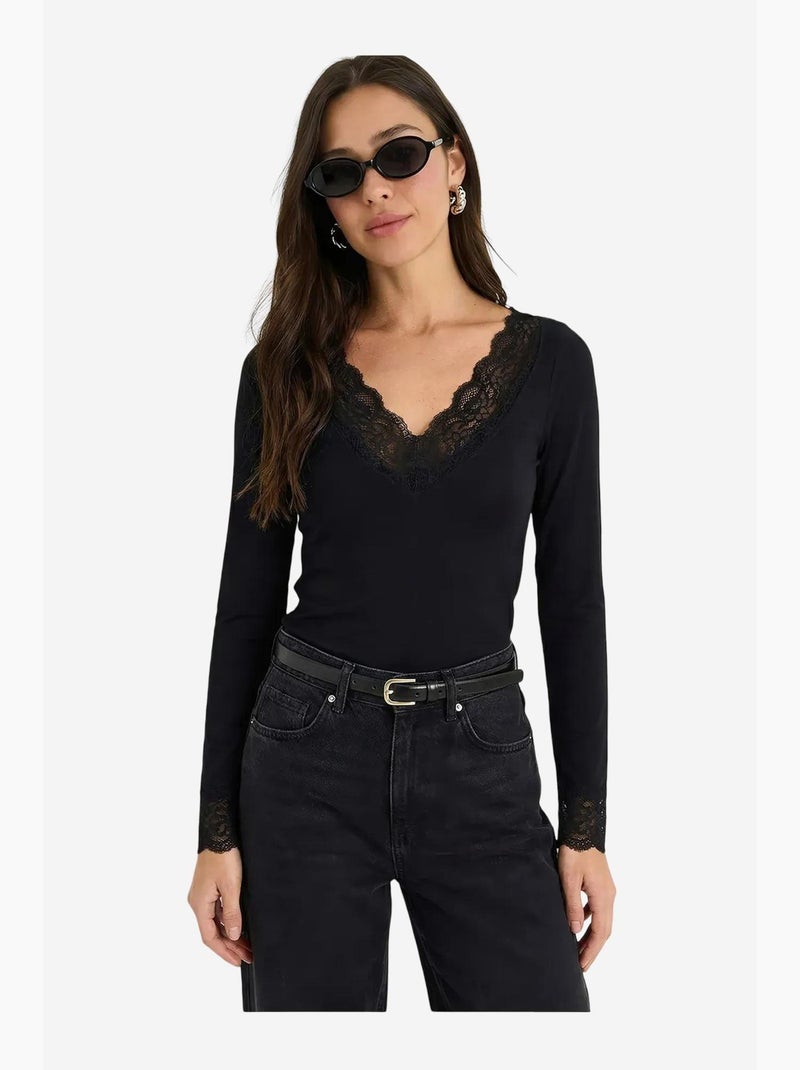 Maglia manica lunga scollo v pizzo lucci Nero - Kiabi