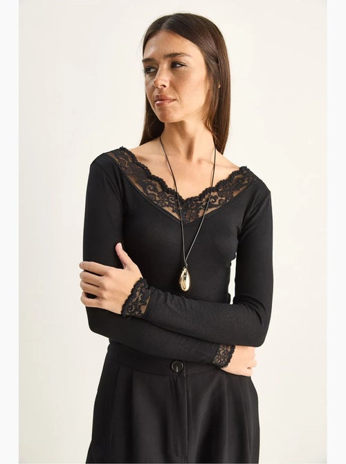 Maglia manica lunga scollo v pizzo lucci - Kiabi Maglia manica lunga scollo v pizzo lucci - Kiabi