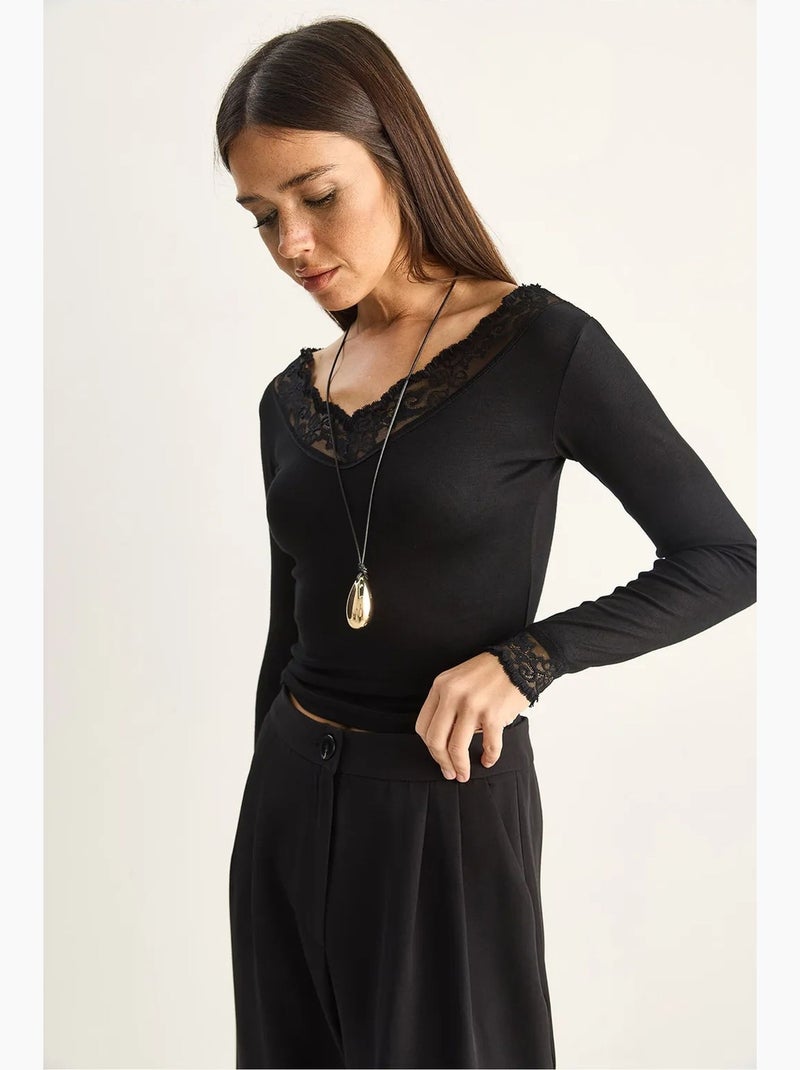 Maglia manica lunga scollo v pizzo lucci Nero - Kiabi