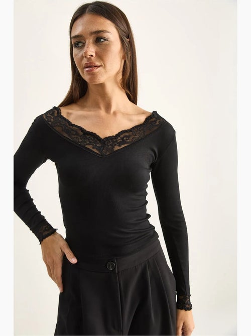 Maglia manica lunga scollo v pizzo lucci - Kiabi Maglia manica lunga scollo v pizzo lucci - Kiabi