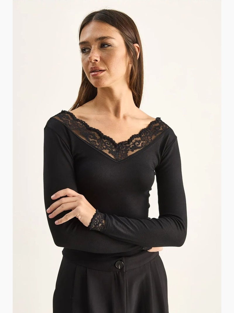 Maglia manica lunga scollo v pizzo lucci Nero - Kiabi