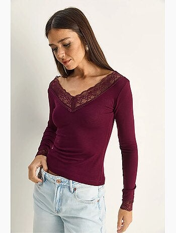 Maglia manica lunga scollo v pizzo lucci