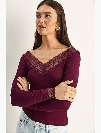 Maglia manica lunga scollo v pizzo lucci