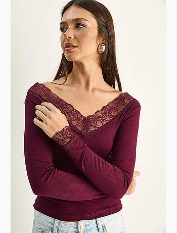 Maglia manica lunga scollo v pizzo lucci
