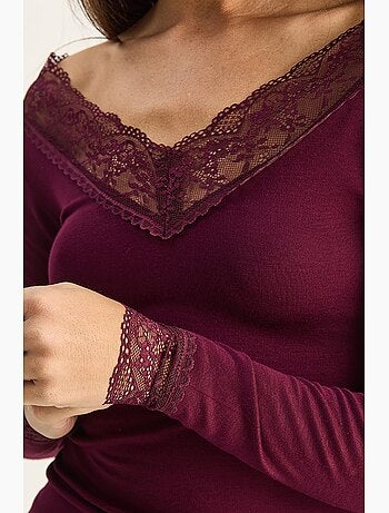 Maglia manica lunga scollo v pizzo lucci