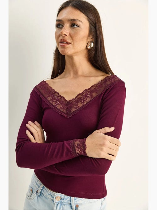Maglia manica lunga scollo v pizzo lucci - Kiabi Maglia manica lunga scollo v pizzo lucci - Kiabi