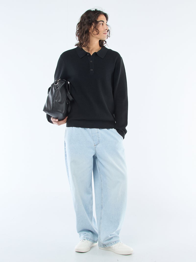 Maglia waffle con colletto polo Nero - Kiabi