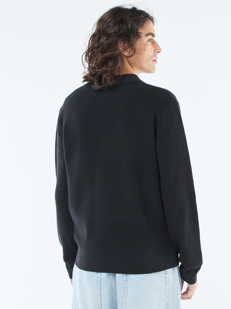 Maglia waffle con colletto polo Nero - Kiabi