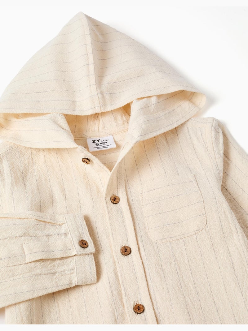 Maglietta a manica lunga a righe in lino con cappuccio Beige - Kiabi