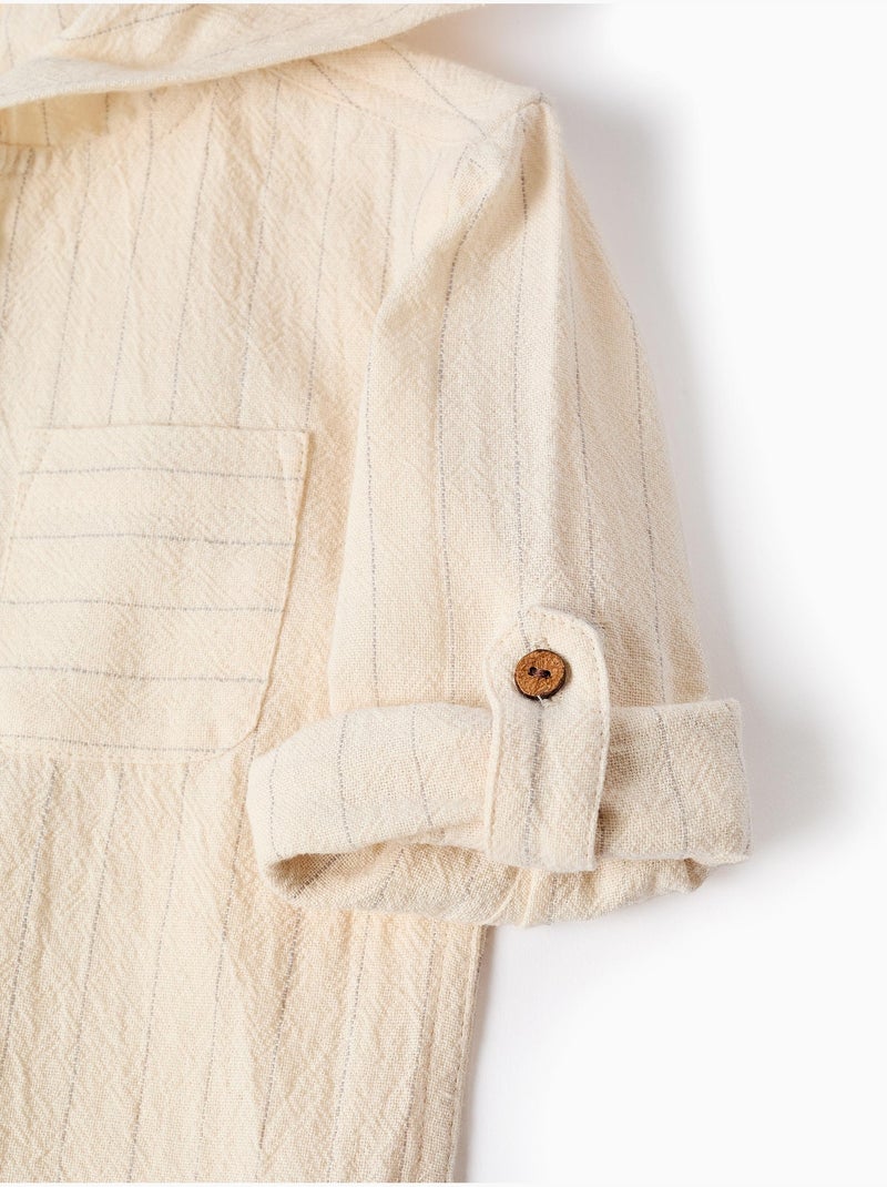 Maglietta a manica lunga a righe in lino con cappuccio Beige - Kiabi