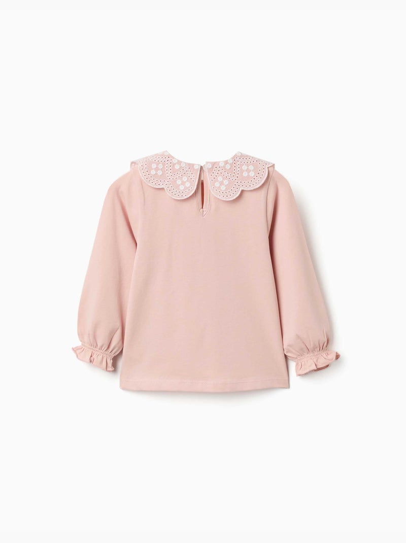 Maglietta a manica lunga con colletto con ricamo inglese Rosa chiaro - Kiabi