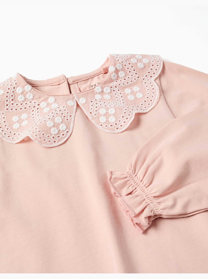 Maglietta a manica lunga con colletto con ricamo inglese Rosa chiaro - Kiabi
