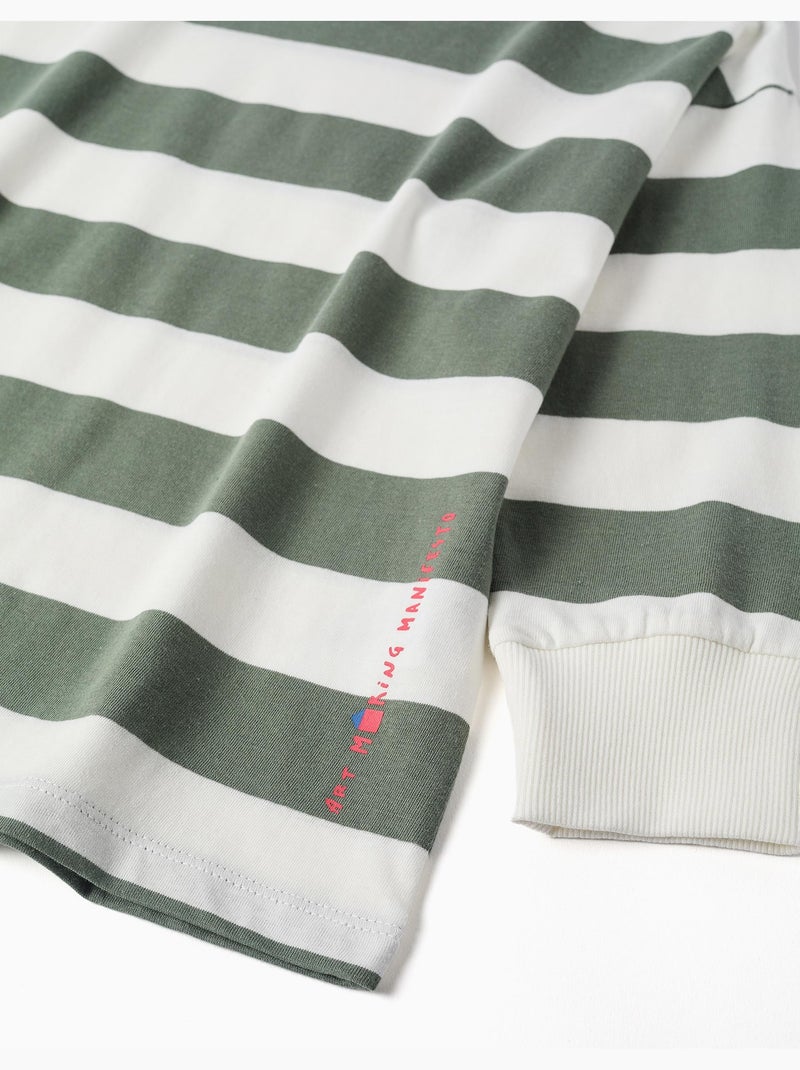 Maglietta a manica lunga in cotone a righe e stampata Verde scuro - Kiabi