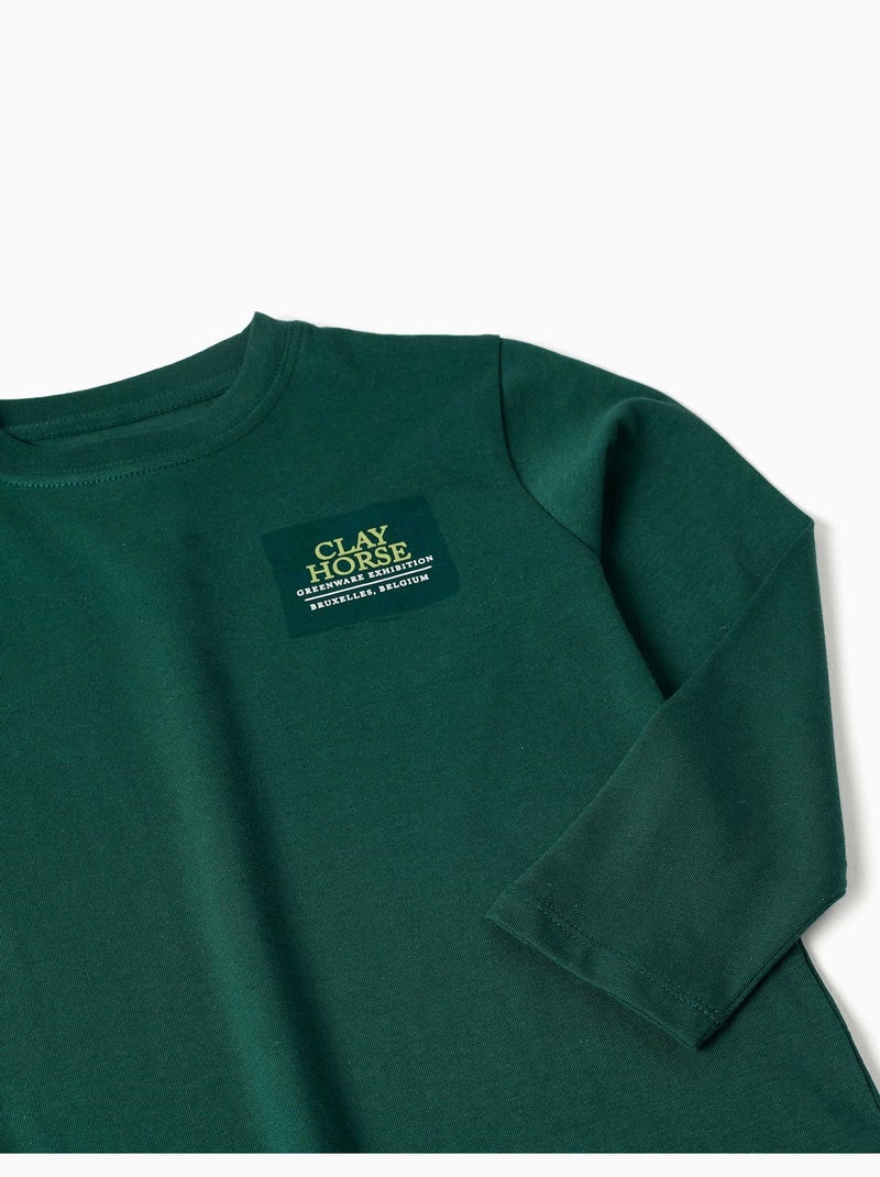 Maglietta a manica lunga in cotone con stampa clay horse Verde scuro - Kiabi