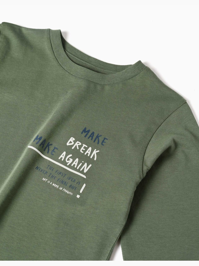 Maglietta a manica lunga in cotone con stampa make again Verde scuro - Kiabi