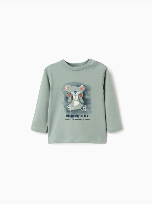 Maglietta a manica lunga in cotone con stampa orso - Kiabi