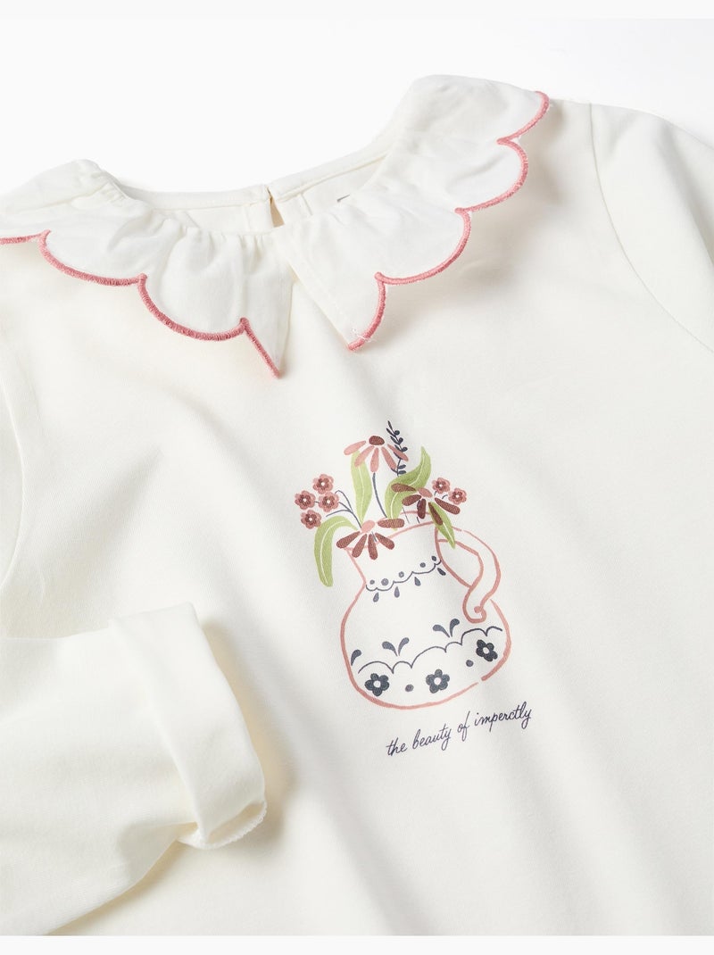 Maglietta a manica lunga in cotone con stampa vaso di fiori Bianco - Kiabi