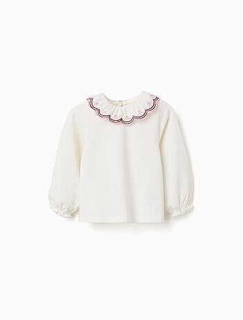 Maglietta a maniche lunghe con collo ricamato