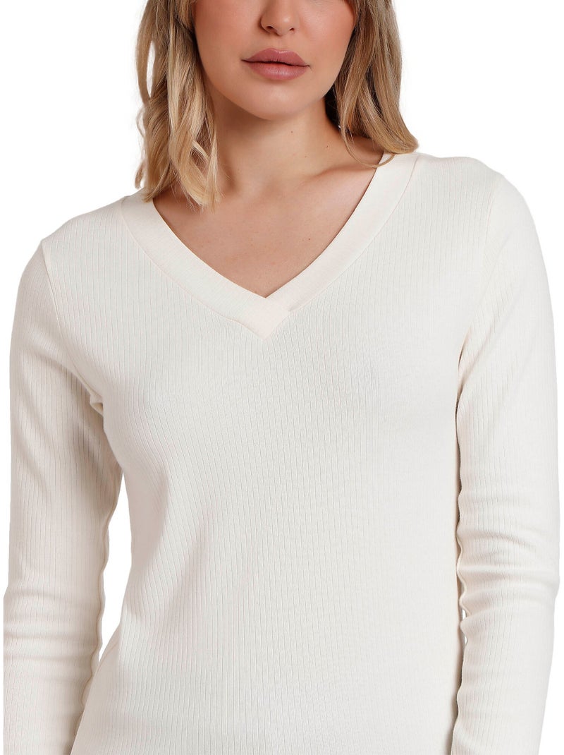 Maglietta a maniche lunghe con scollo a V da donna ADMAS Ecru - Kiabi