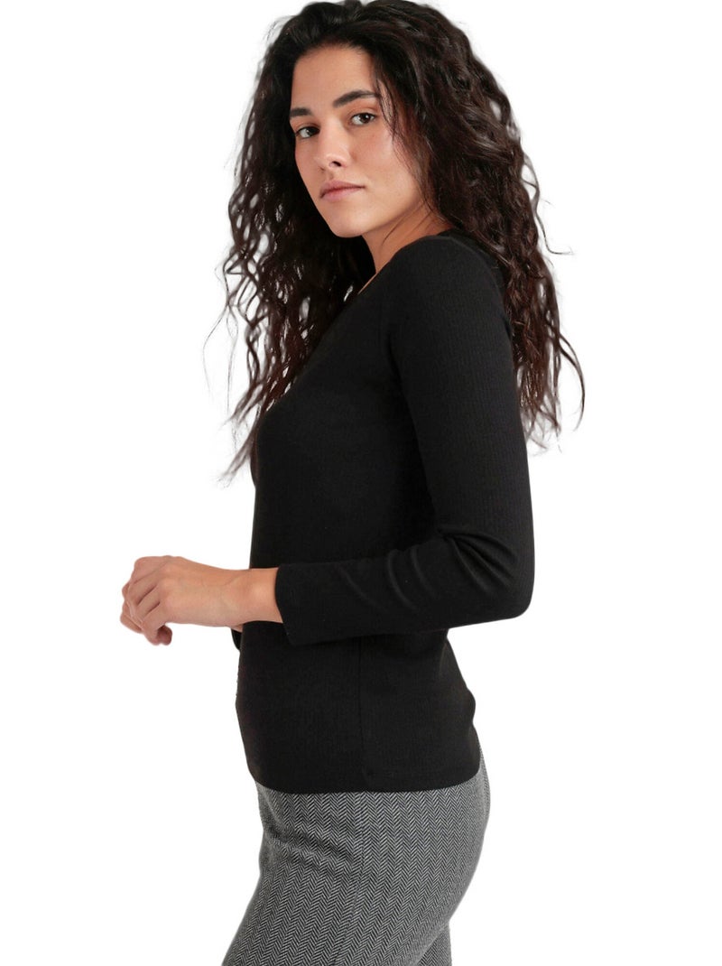 Maglietta a maniche lunghe con scollo a V da donna ADMAS Nero - Kiabi