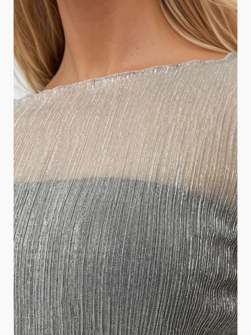 Maglietta a maniche lunghe testurizzata scollo tondo glitter aderente hiccup Argento - Kiabi