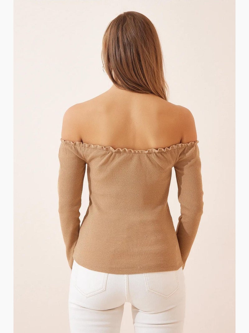 Maglietta aderente scollo cuore manica lunga istanbul Beige chiaro - Kiabi