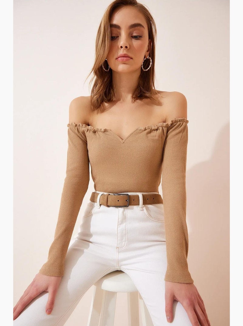 Maglietta aderente scollo cuore manica lunga istanbul Beige chiaro - Kiabi