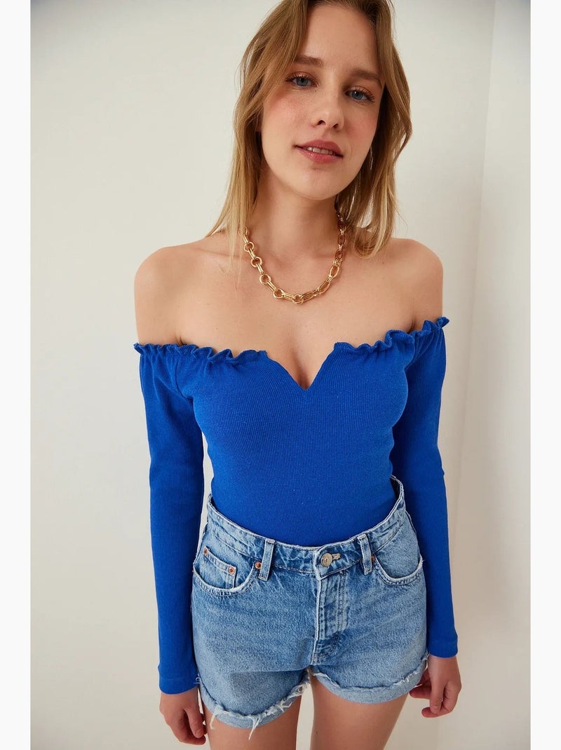 Maglietta aderente scollo cuore manica lunga istanbul Blu cobalto - Kiabi